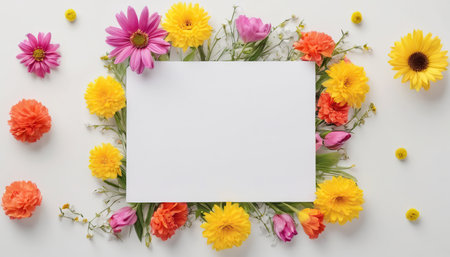 Flowers composition. Frame made of flowers on white background. Flat lay, top view, copy spaceの素材