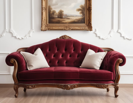 Luxury red sofa with pillows in classic interior. 3d renderの素材