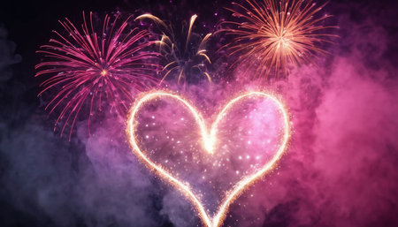 Colorful fireworks and heart shape on black sky background for Happy Valentine's dayの素材