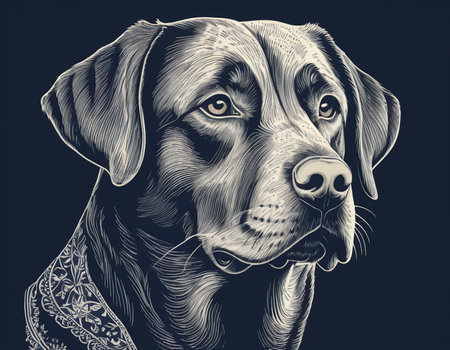Portrait of Great Dane dog. Hand-drawn illustration on black background.の素材