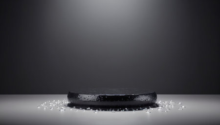 3d render of a black pedestal on a dark background. Platform for product presentation.の素材