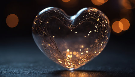 Heart shaped glass vase with bokeh lights on black backgroundの素材
