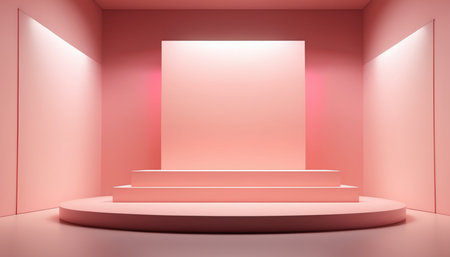 3d rendering of minimal geometric forms. Pink podium for product presentation. Fashion show stage background.の素材