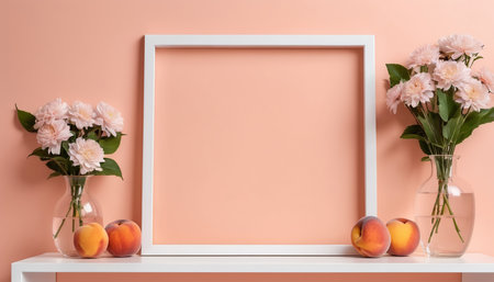 White frame mockup with bouquet of peonies and apricots on the shelf.の素材