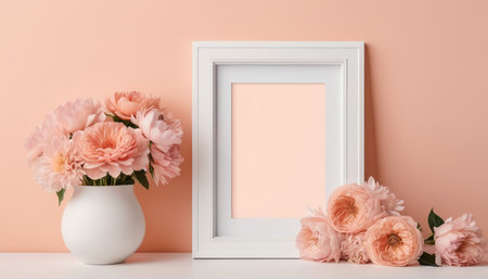 White frame with pink peony flowers in vase on pink backgroundの素材