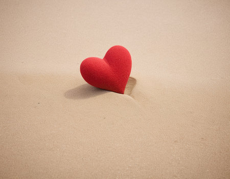 Red heart on the sand. Valentines day background. Love concept.の素材