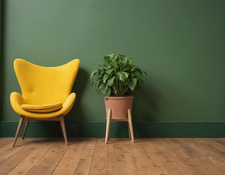 Yellow armchair and plant in pot on wooden floor against green wallの素材