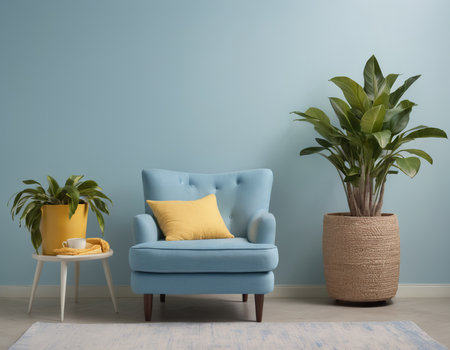 Interior of living room with blue and yellow armchair and plantの素材