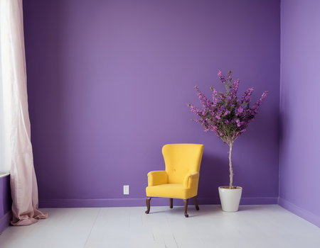 Yellow armchair with a vase of purple flowers near the wallの素材