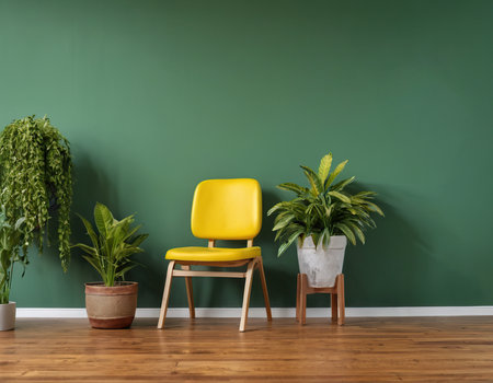 Interior of modern living room with yellow chair and potted plantsの素材