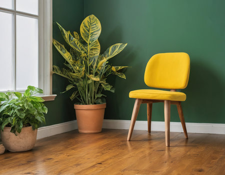 Yellow chair and green plant in a pot on a wooden floor.の素材