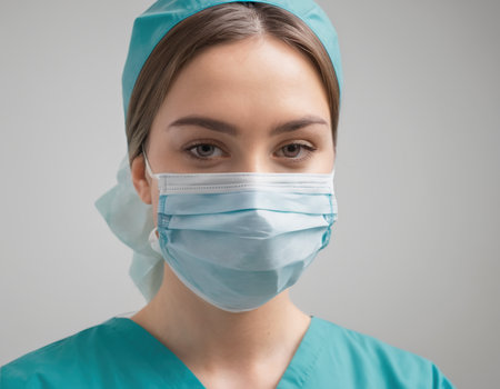 Young female doctor wearing a surgical mask and scrubs. Isolated on gray background.の素材