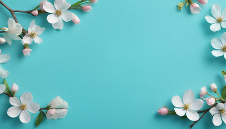 Cherry blossoms on blue background with copy space. Top viewの素材