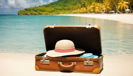 Suitcase with hat and sunglasses on a tropical beach. Travel conceptの素材