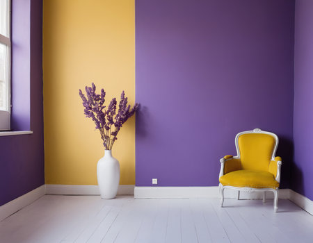 Lavender in a white vase and a yellow armchair in a purple roomの素材