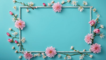 Flowers composition. Frame made of pink flowers on blue background. Flat lay, top view, copy spaceの素材