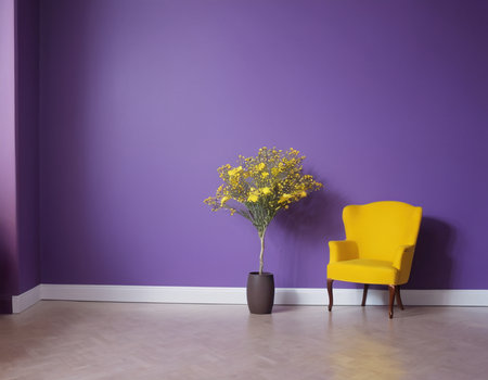 Yellow armchair with a bouquet of mimosa on a purple wallの素材
