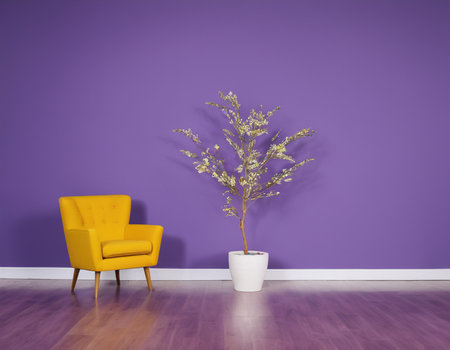 Yellow armchair and plant in a purple room. 3d renderingの素材