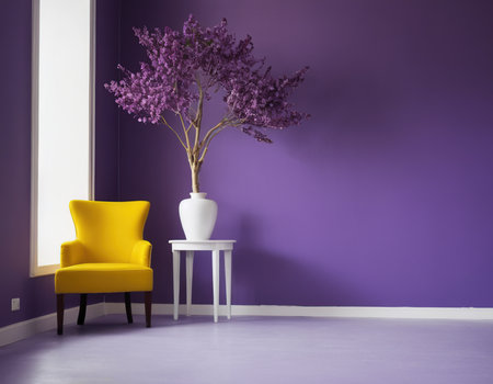 yellow chair and vase with lilac flowers on a purple wallの素材