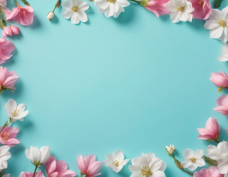 Flowers composition. Frame made of pink and white flowers on blue background. Flat lay, top view, copy spaceの素材