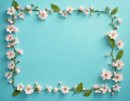 Frame made of beautiful sakura flowers on blue background, flat layの素材