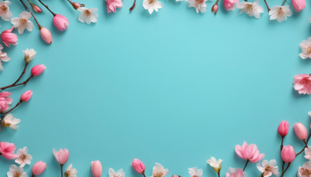 Flowers composition. Frame made of cherry blossoms on blue background. Flat lay, top view, copy spaceの素材