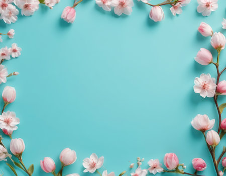 Spring flowers on blue background. Flat lay, top view, copy spaceの素材