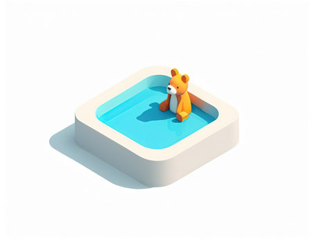 Cute cartoon animal in swimming pool on white background. 3d illustrationの素材