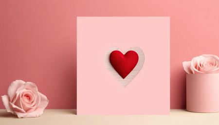 Paper heart and roses on pink background. Valentines day concept.の素材