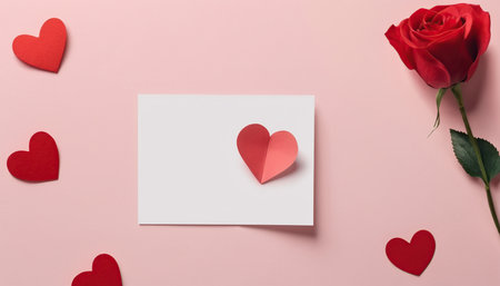 Valentine's day greeting card with red heart and rose on pink backgroundの素材