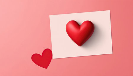 Two red hearts on a white sheet of paper on a pink backgroundの素材