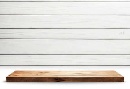 Empty wooden shelf on white wooden wall background. For product display.の素材