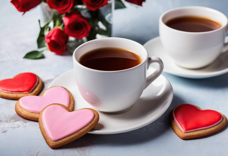 Valentines day greeting card with two cups of coffee and heart shaped cookies. Selective focusの素材