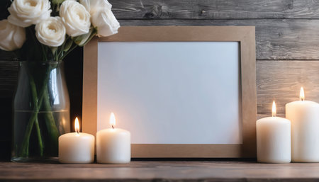 Blank photo frame with white roses and candles on wooden background.の素材