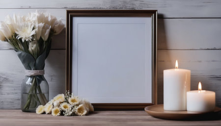 Wooden frame mockup with white flowers in vase and burning candles on wooden backgroundの素材