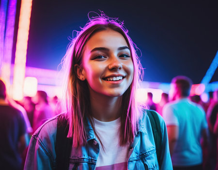Portrait of a smiling young woman at a music festival in the cityの素材