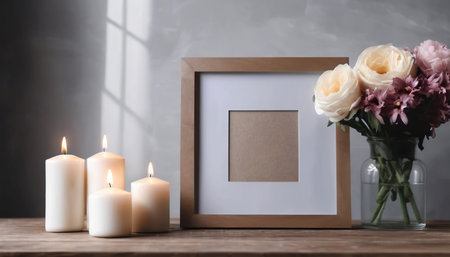 Beautiful flowers and photo frame with space for text on wooden tableの素材