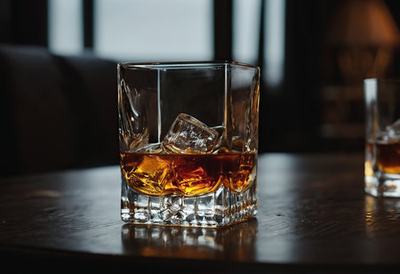 whiskey on the rocks in a glass on a dark backgroundの素材