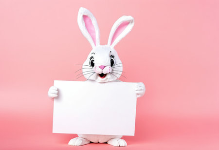 Easter bunny with a blank sheet of paper on a pink backgroundの素材