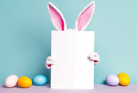 Easter bunny with blank card and colorful eggs on blue background.の素材