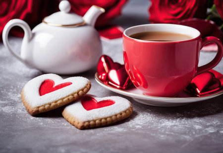 Valentine's Day background with heart shaped cookies and cup of coffeeの素材