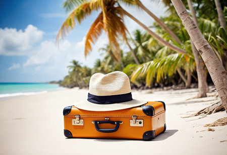 Vintage suitcase with hat on tropical beach. Travel and vacation conceptの素材