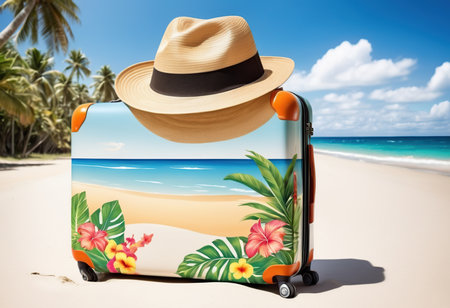 Travel suitcase with hat on tropical beach background. 3D Renderingの素材