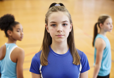 Portrait of girl looking at camera in gym with other kids in backgroundの素材
