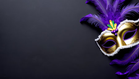 Mardi gras mask with feathers over black background. Top view with copy spaceの素材