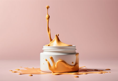 White jar of cream with a splash of caramel on a pink backgroundの素材