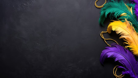 Colorful feathers on black background, top view. Space for textの素材