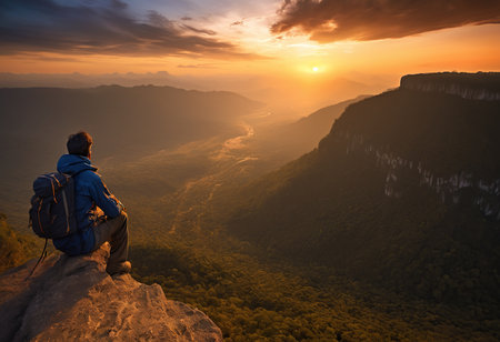 Hiker sitting on the edge of cliff and watching sunrise in the morning.の素材
