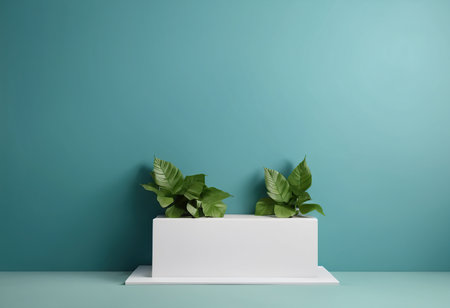 3d render of minimal scene with green wall and white podium.の素材
