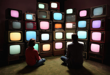 Man and woman sitting in front of old TV set in dark roomの素材